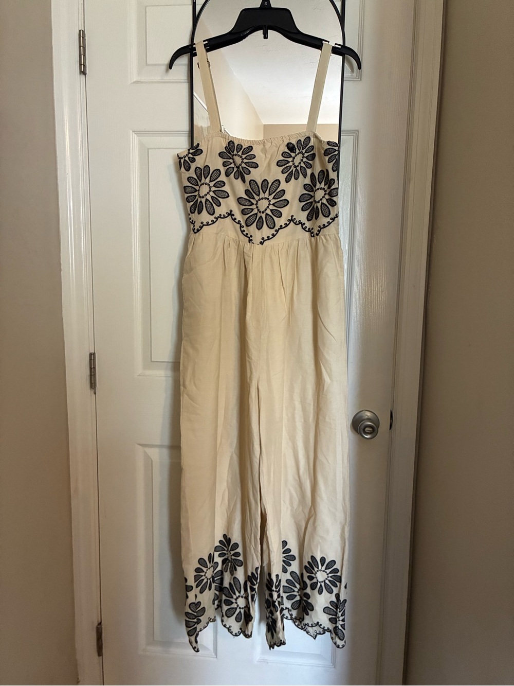 Cream Embroidered Floral Wide-Leg Jumpsuit